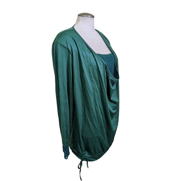 Womens Blouse Top XXL Green Drape Sequins Front Cuff Stretch Knit Long Sleeve - Picture 5 of 7